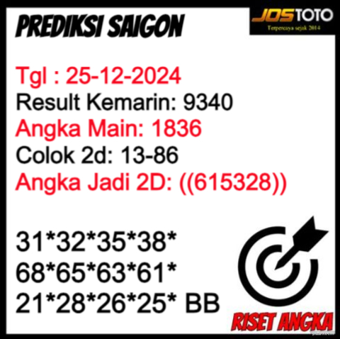 PREDIKSI TOGEL SAIGON JOSTOTO HARI INI 25 DESEMBER 2024