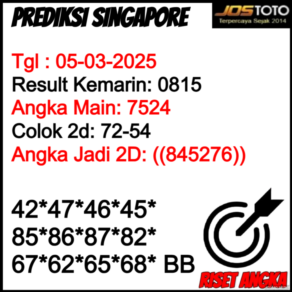 PREDIKSI TOGEL SGP JOSTOTO HARI INI 05 MARET 2025 