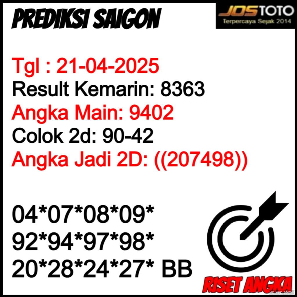 PREDIKSI TOGEL SAIGON JOSTOTO HARI INI 21 APRIL 2025