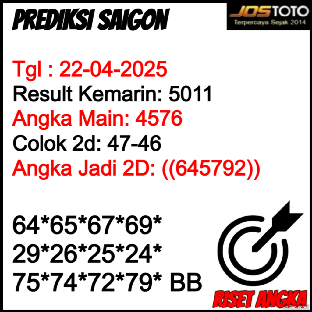 PREDIKSI TOGEL SAIGON JOSTOTO HARI INI 22 APRIL 2025