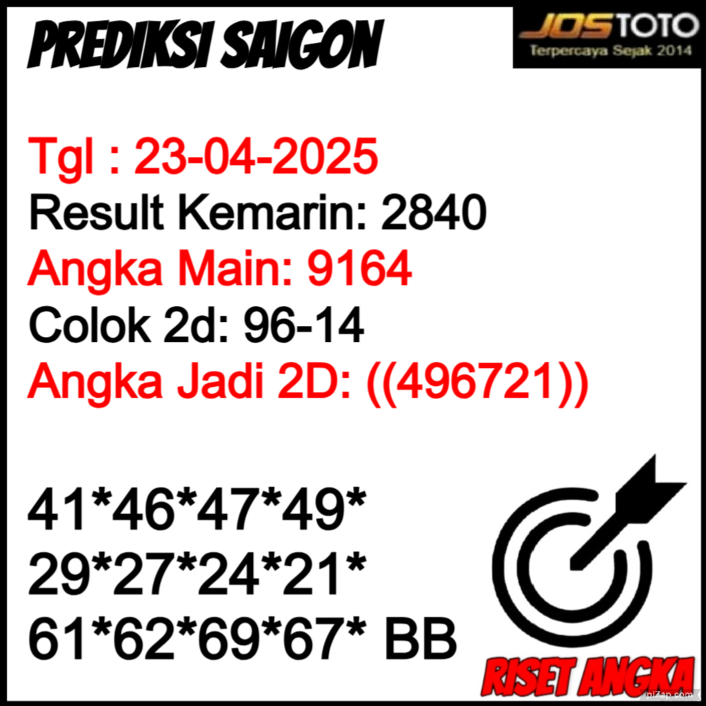 PREDIKSI TOGEL SAIGON JOSTOTO HARI INI 23 APRIL 2025