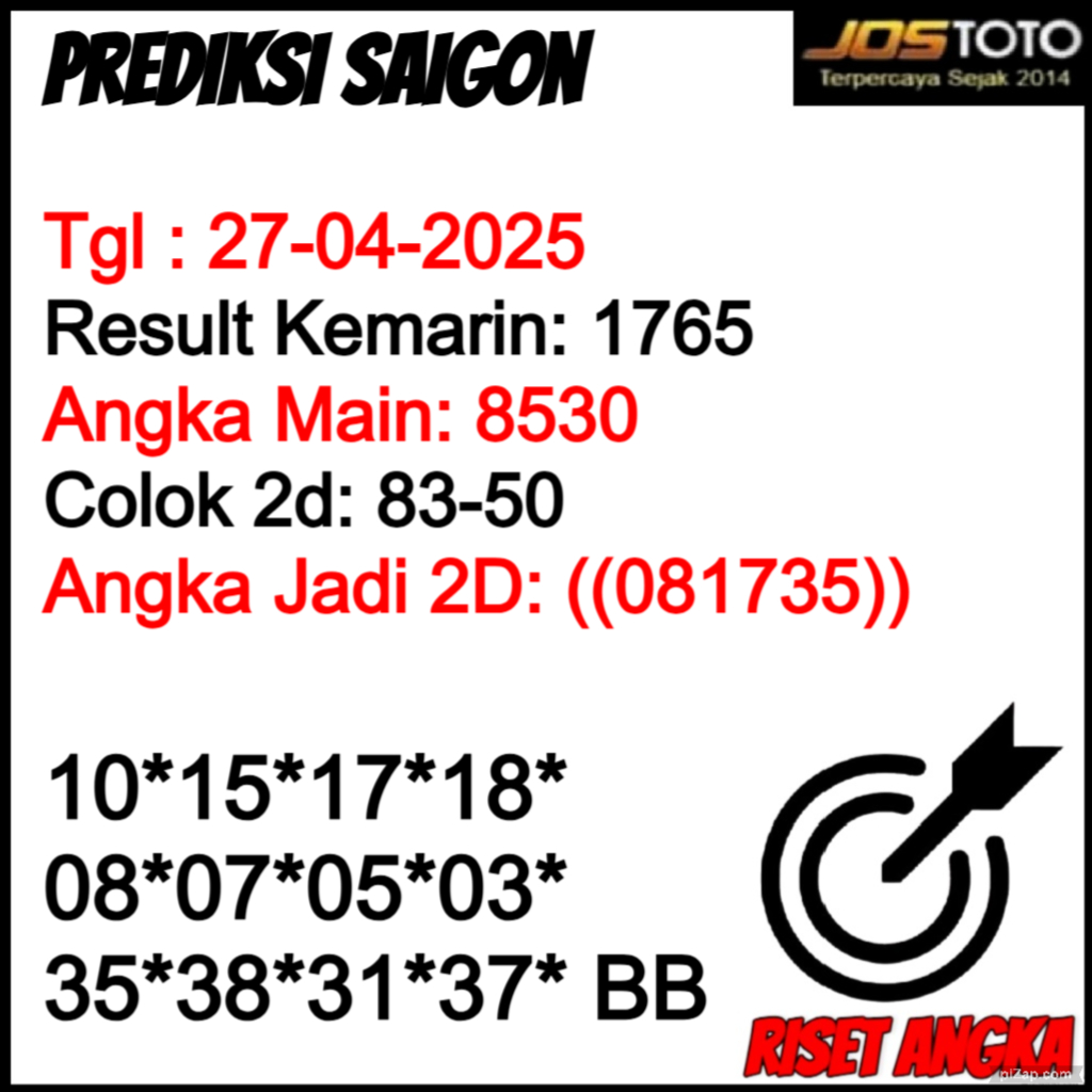 PREDIKSI TOGEL SAIGON JOSTOTO HARI INI 27 APRIL 2025