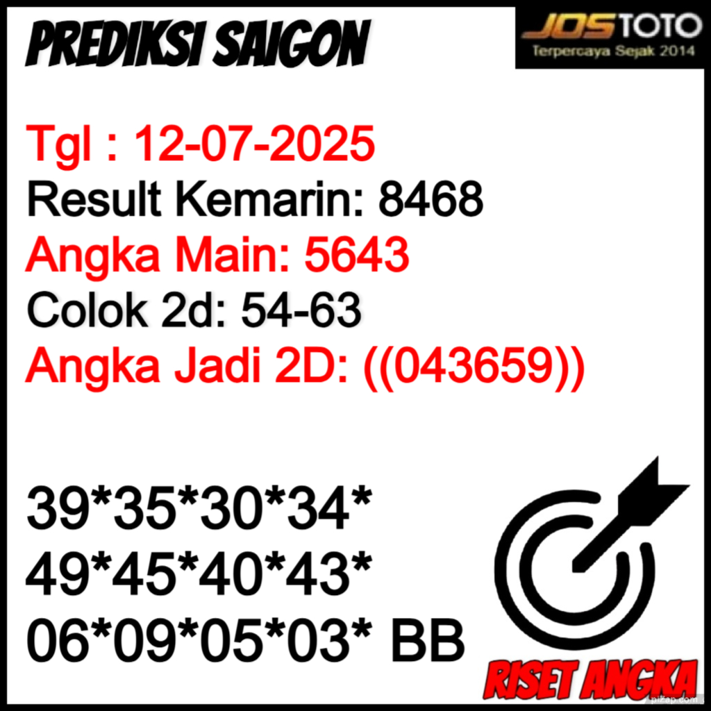 PREDIKSI TOGEL SAIGON JOSTOTO HARI INI 12 JULI 2025